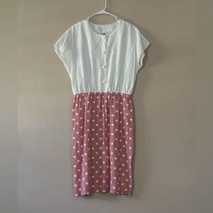 Vintage Dress Size 16 Polka Dots Buttons Front Elastic Waist Casual Summer